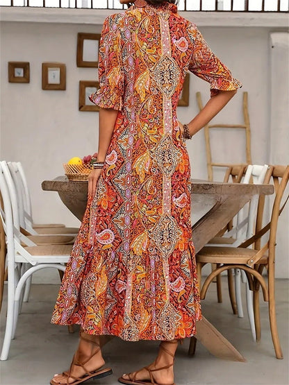 Robe Bohème Femme Imprimé Cachemire Col V Pompons
