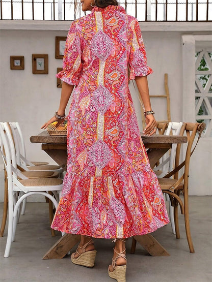Robe Bohème Femme Imprimé Cachemire Col V Pompons
