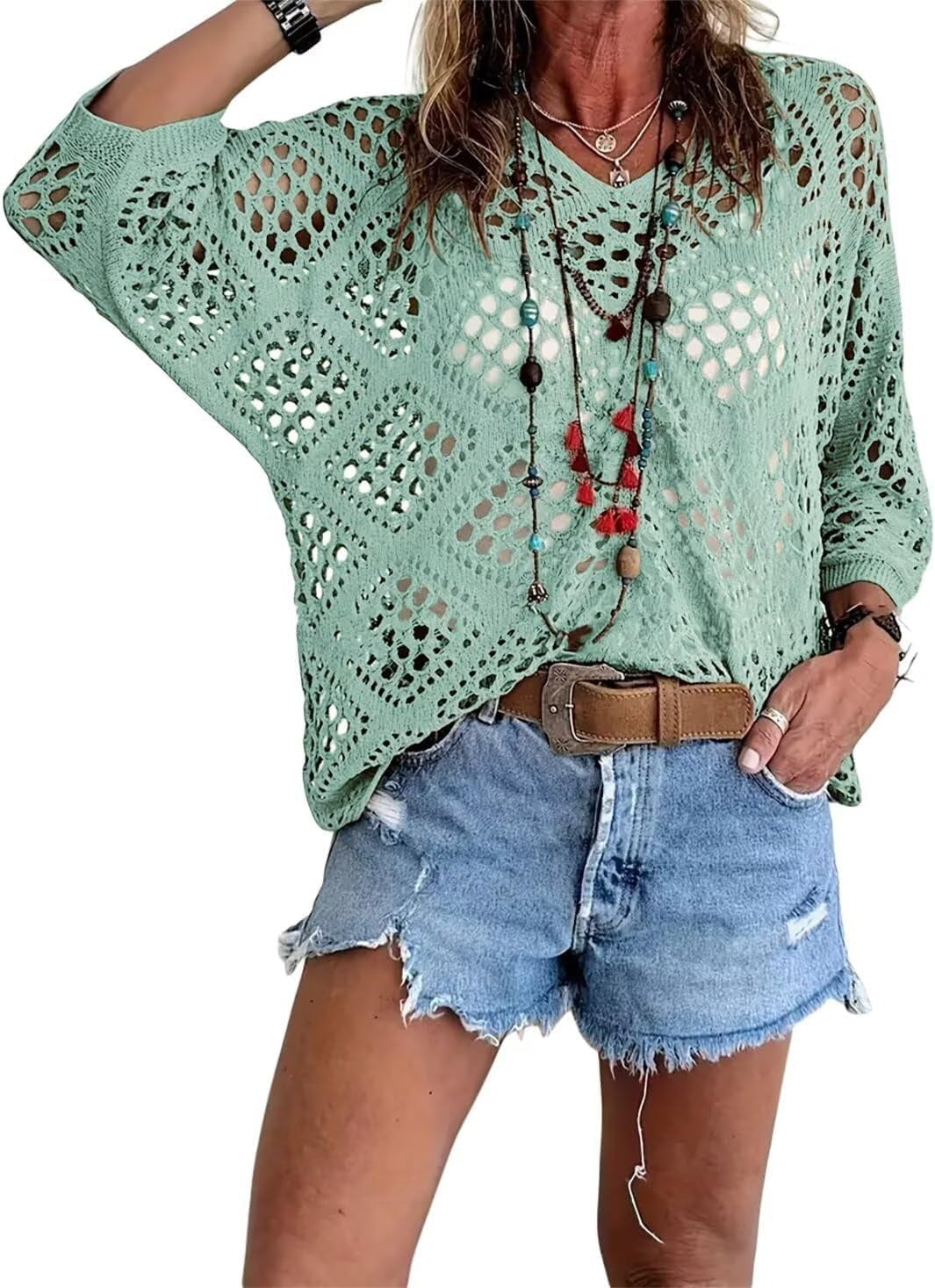 Haut Femme Crochet Ajouré Col en V Style Bohème