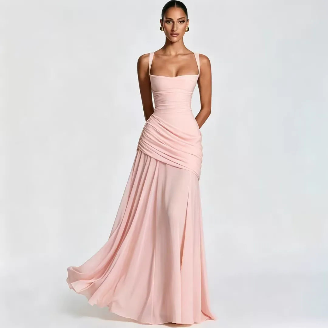Robe maxi Femme Col Carré Froncée Laçage Dos