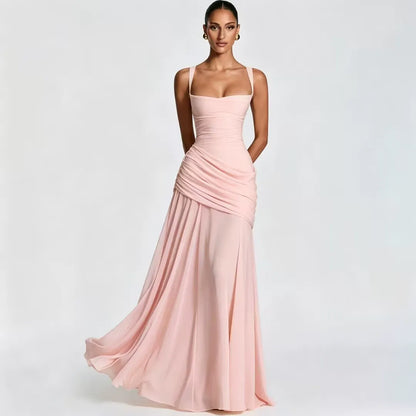 Robe maxi Femme Col Carré Froncée Laçage Dos