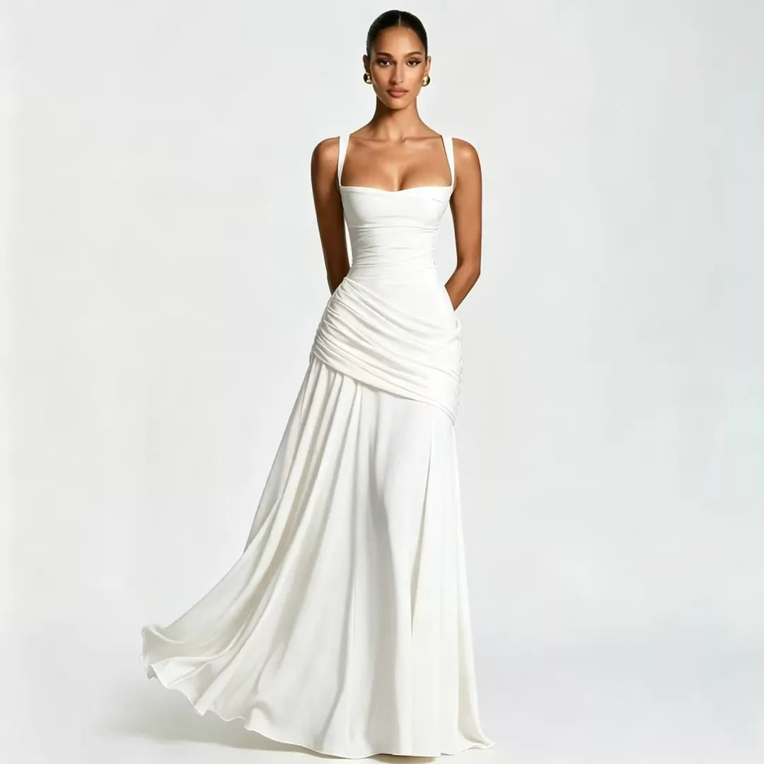 Robe maxi Femme Col Carré Froncée Laçage Dos