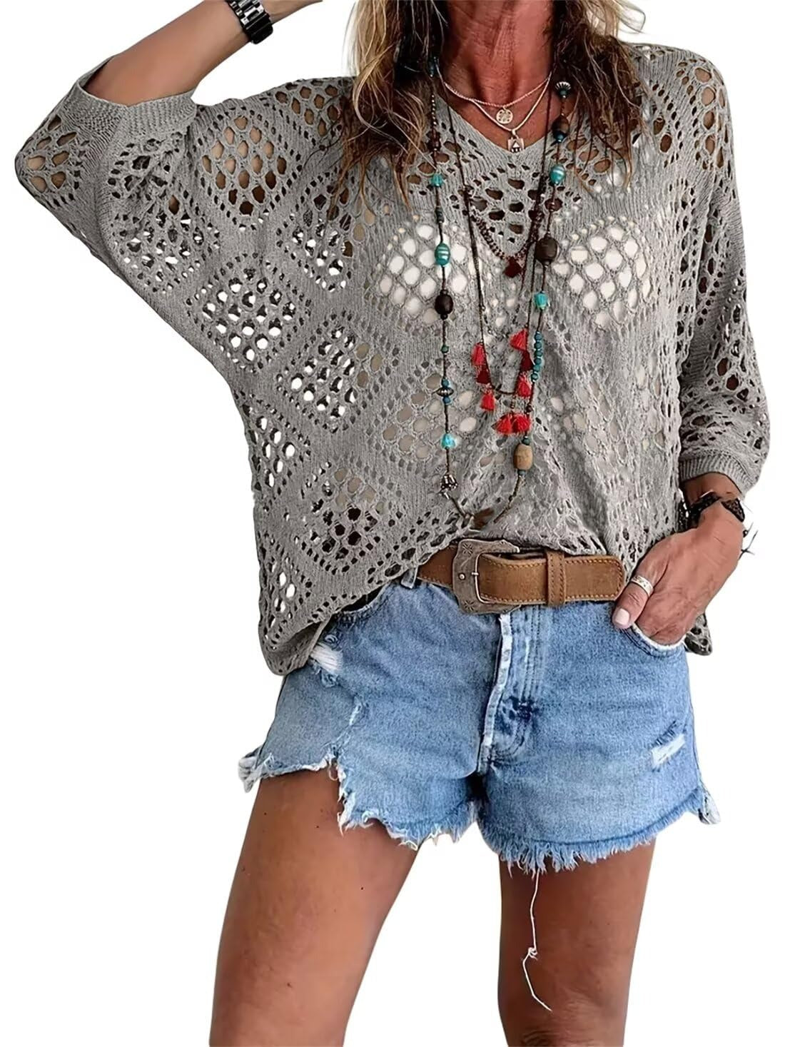 Haut Femme Crochet Ajouré Col en V Style Bohème