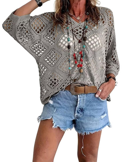 Haut Femme Crochet Ajouré Col en V Style Bohème