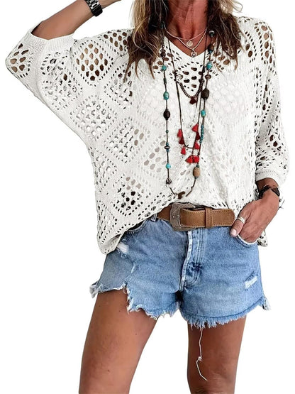 Haut Femme Crochet Ajouré Col en V Style Bohème