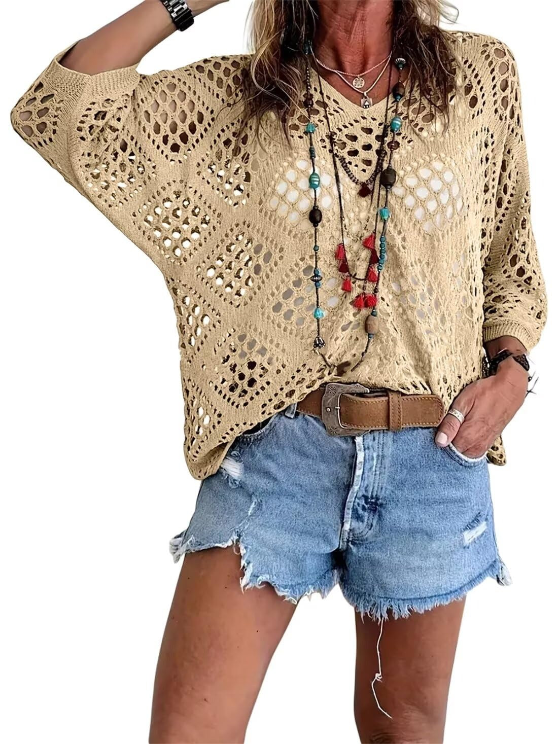 Haut Femme Crochet Ajouré Col en V Style Bohème