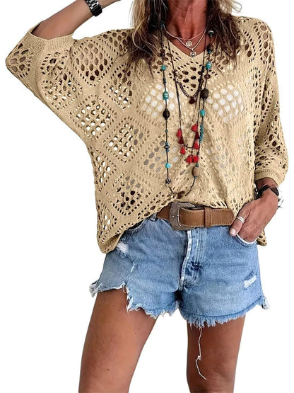 Haut Femme Crochet Ajouré Col en V Style Bohème