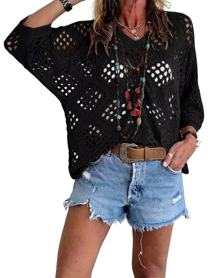 Haut Femme Crochet Ajouré Col en V Style Bohème
