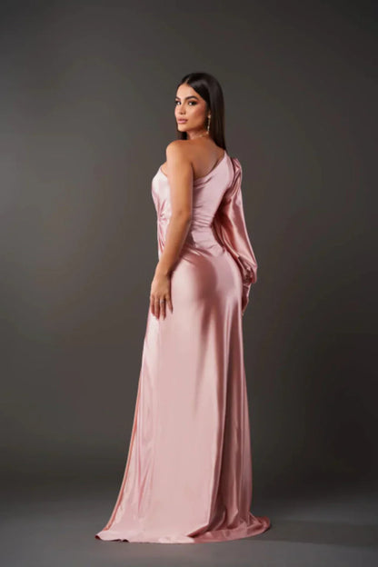 Robe Soirée Satin Asymétrique Épaule Découverte