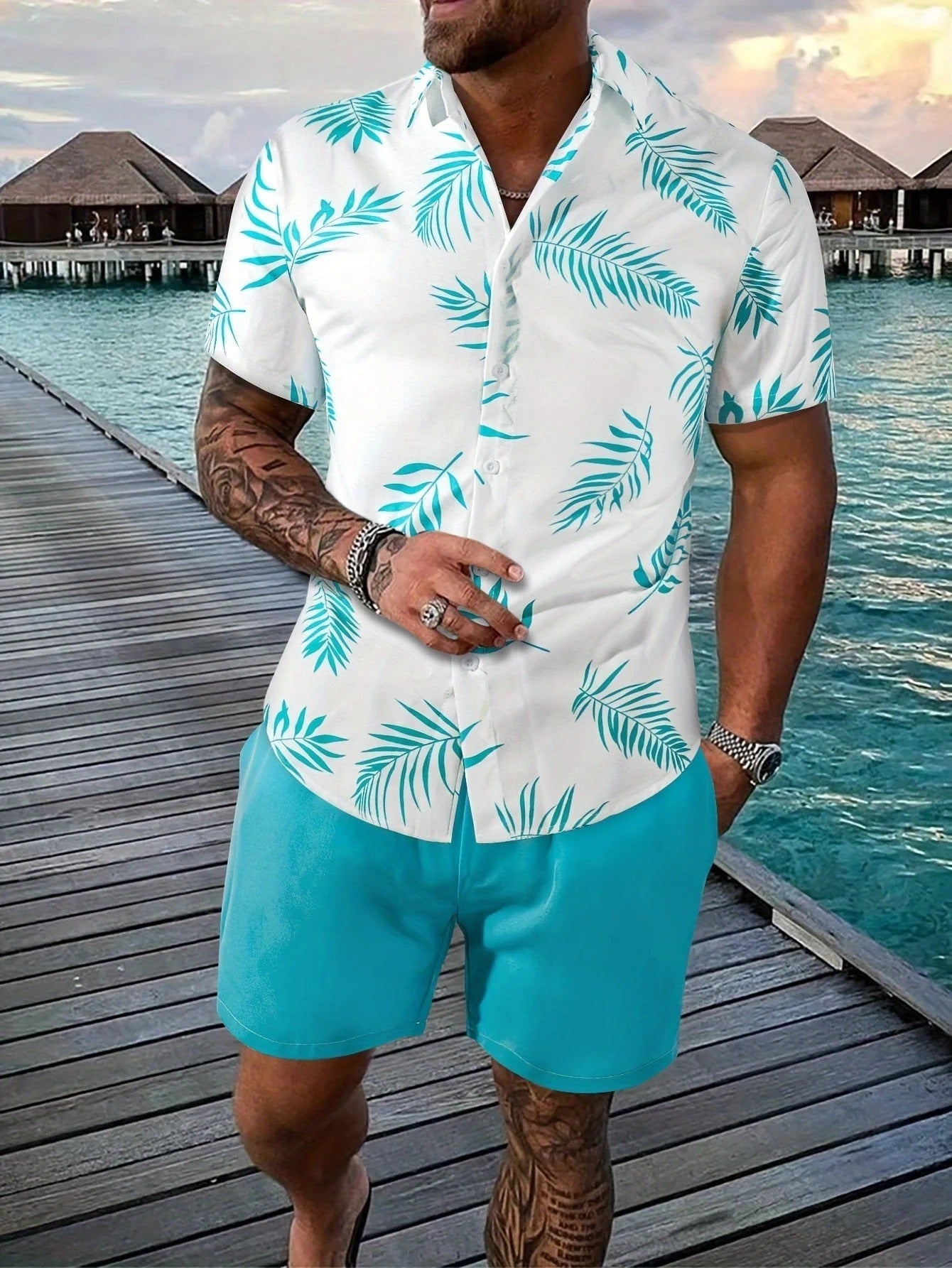 Chemise Homme Été Floral et Short de Lin Beige - PanierRoyale