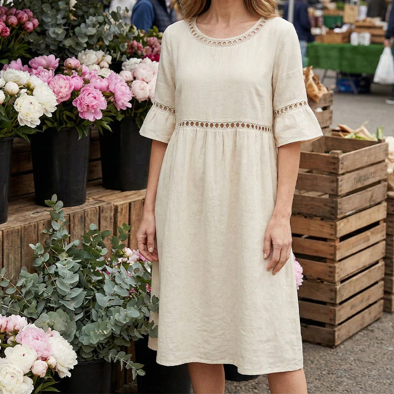 Robe Mi-Longue Femme Lin Col Rond Ajouré Manches Volantes Coupe Empire