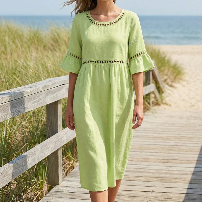 Robe Mi-Longue Femme Lin Col Rond Ajouré Manches Volantes Coupe Empire - PanierRoyale