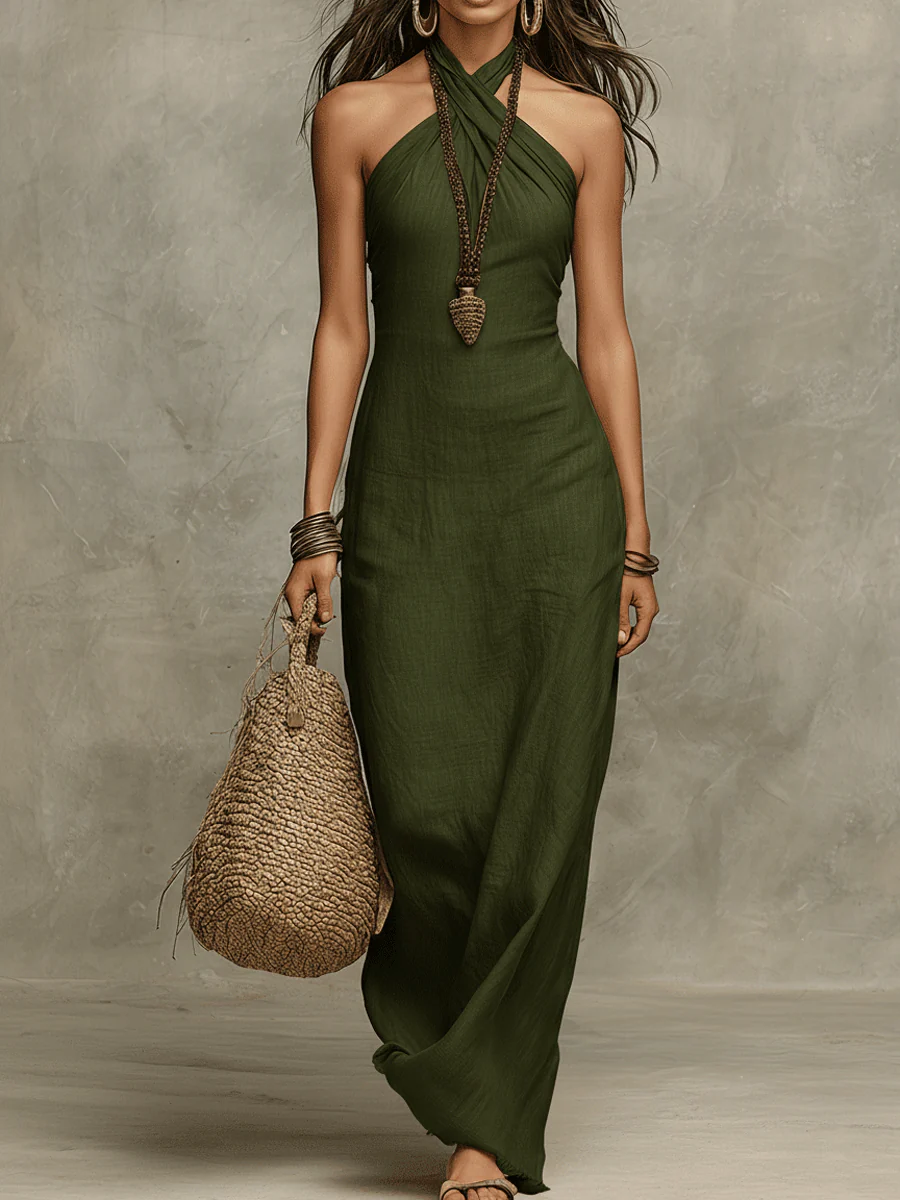 Robe maxi Femme en Lin Col Halter Coupe Fluide