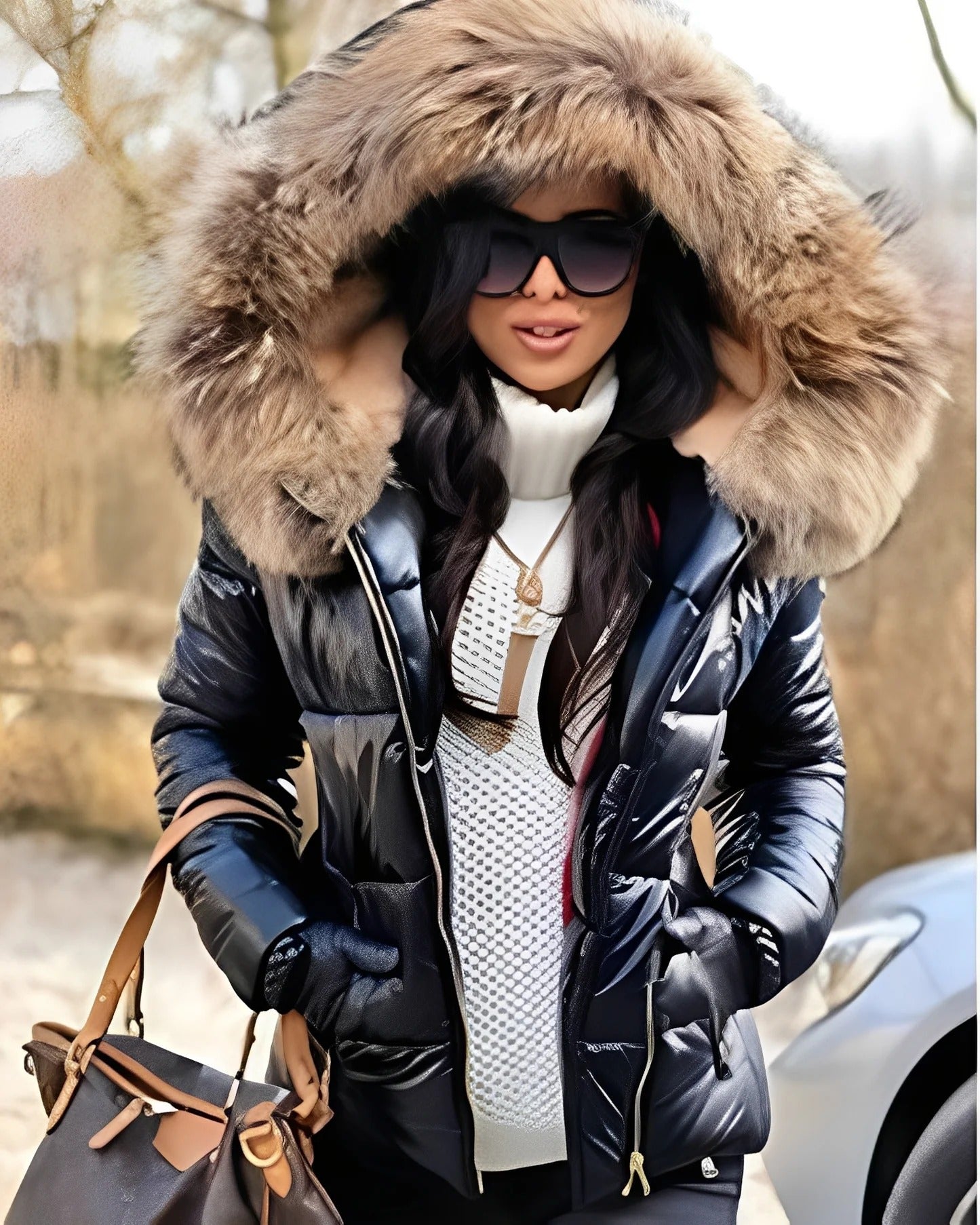Doudoune Femme Hiver Longue avec Capuchon et Fourrure Synthétique - PanierRoyale