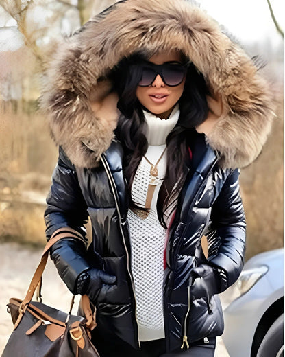 Doudoune Femme Hiver Longue avec Capuchon et Fourrure Synthétique - PanierRoyale