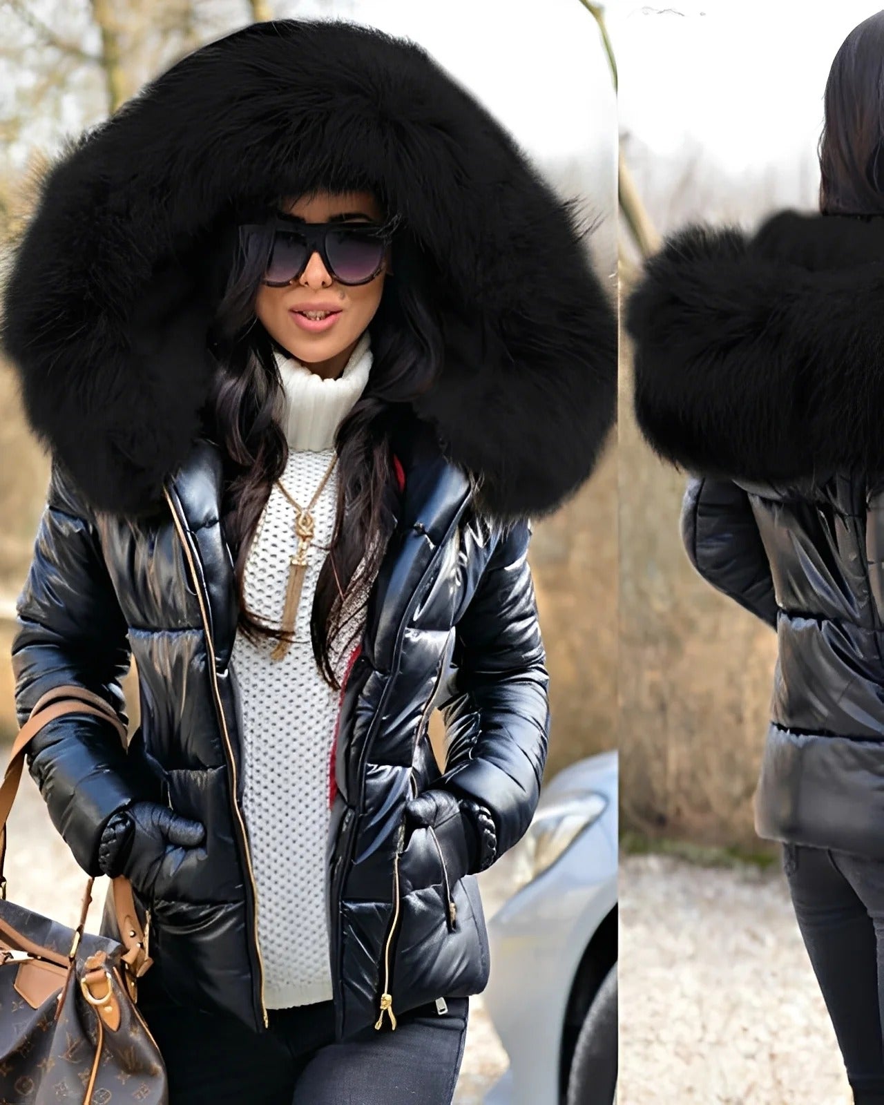 Doudoune Femme Hiver Longue avec Capuchon et Fourrure Synthétique