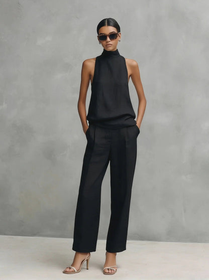 Ensemble Femme Coton et Lin Col Montant Pantalon Fluide