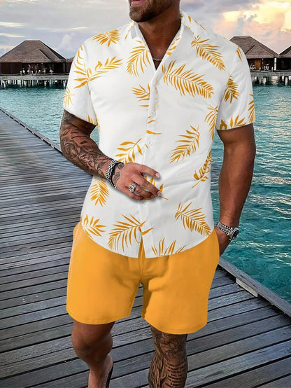Chemise Homme Été Floral et Short de Lin Beige