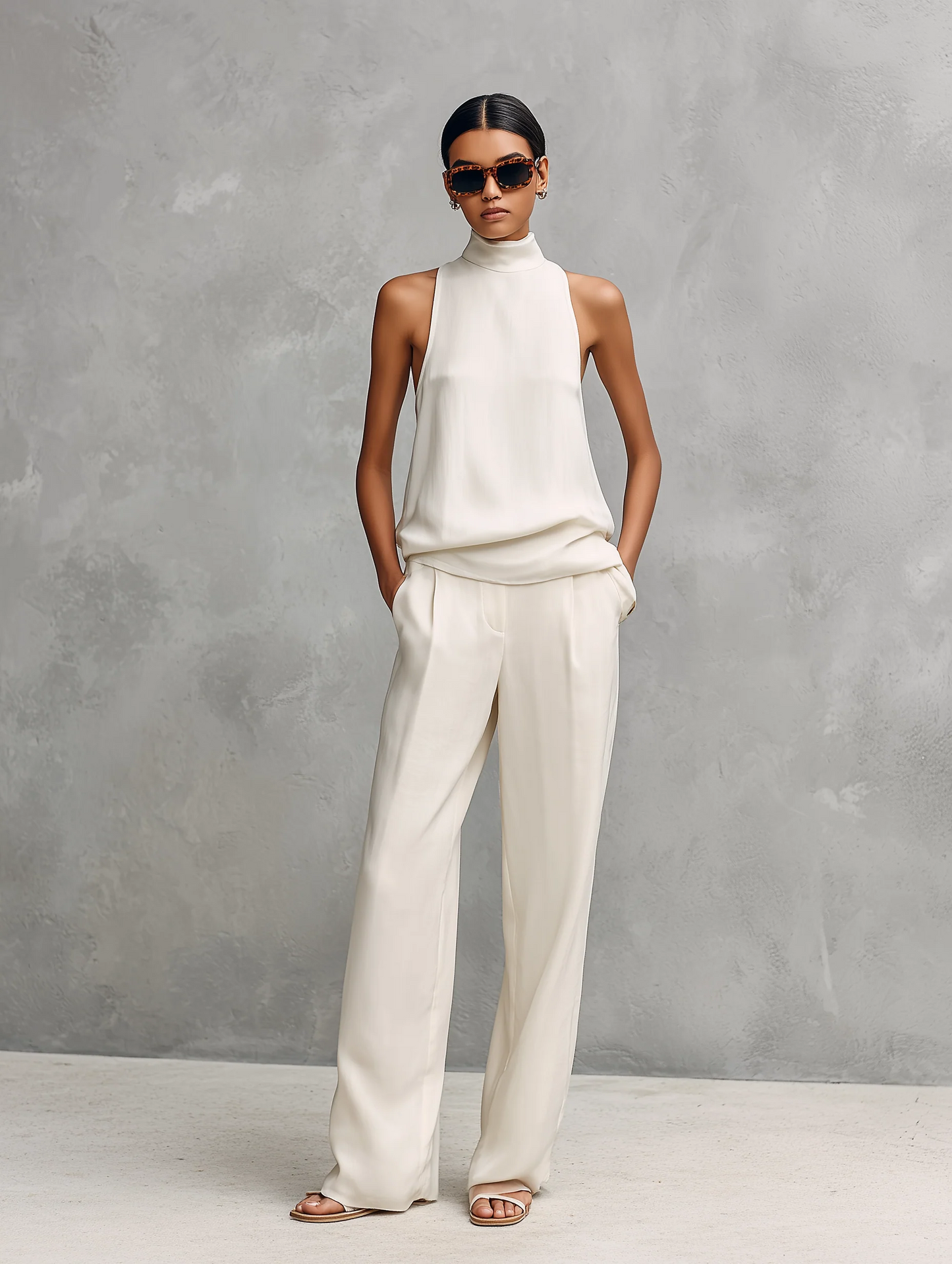 Ensemble Femme Coton et Lin Col Montant Pantalon Fluide