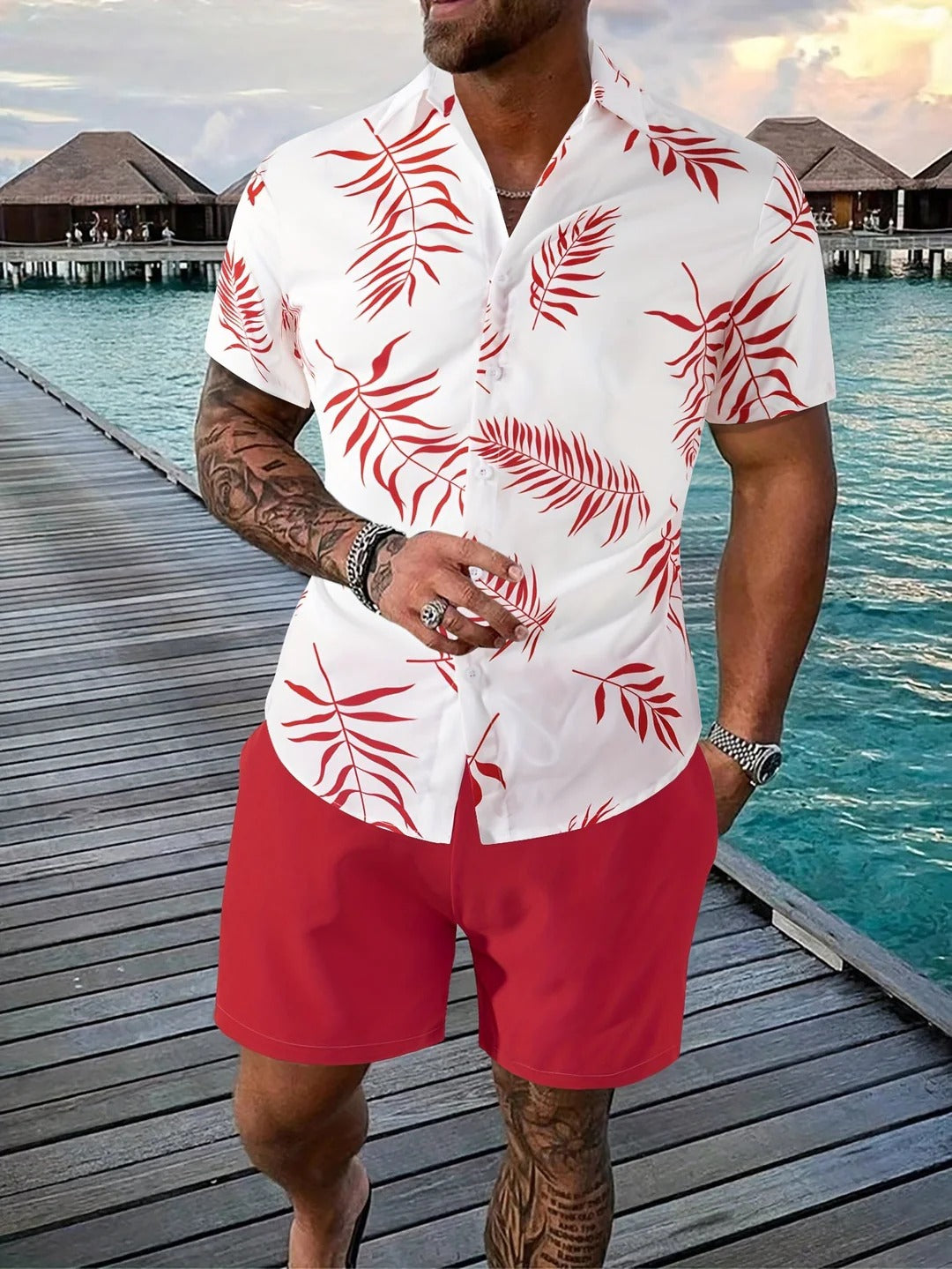 Chemise Homme Été Floral et Short de Lin Beige