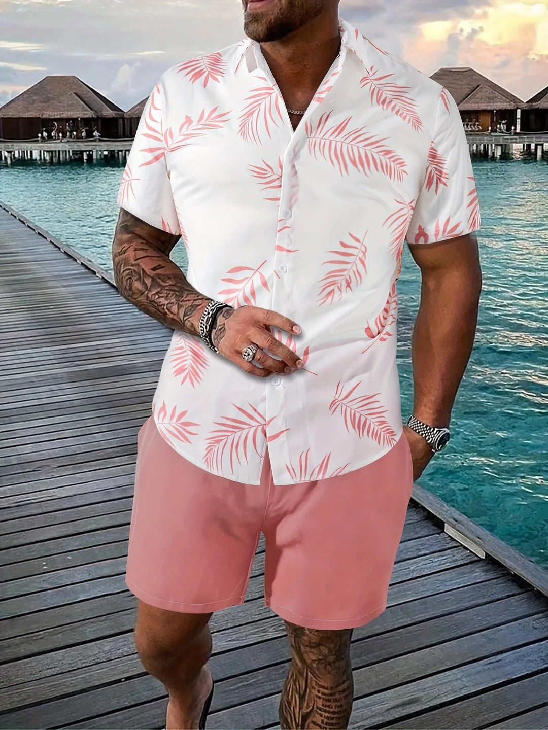 Chemise Homme Été Floral et Short de Lin Beige