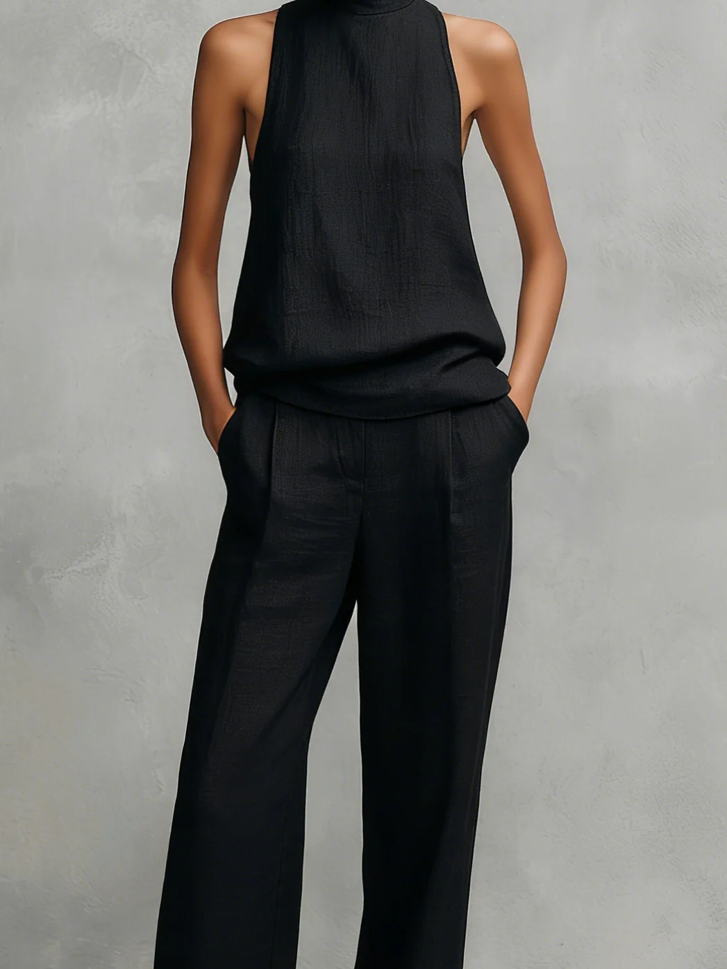 Ensemble Femme Coton et Lin Col Montant Pantalon Fluide