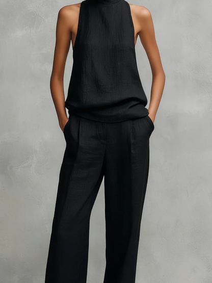 Ensemble Femme Coton et Lin Col Montant Pantalon Fluide
