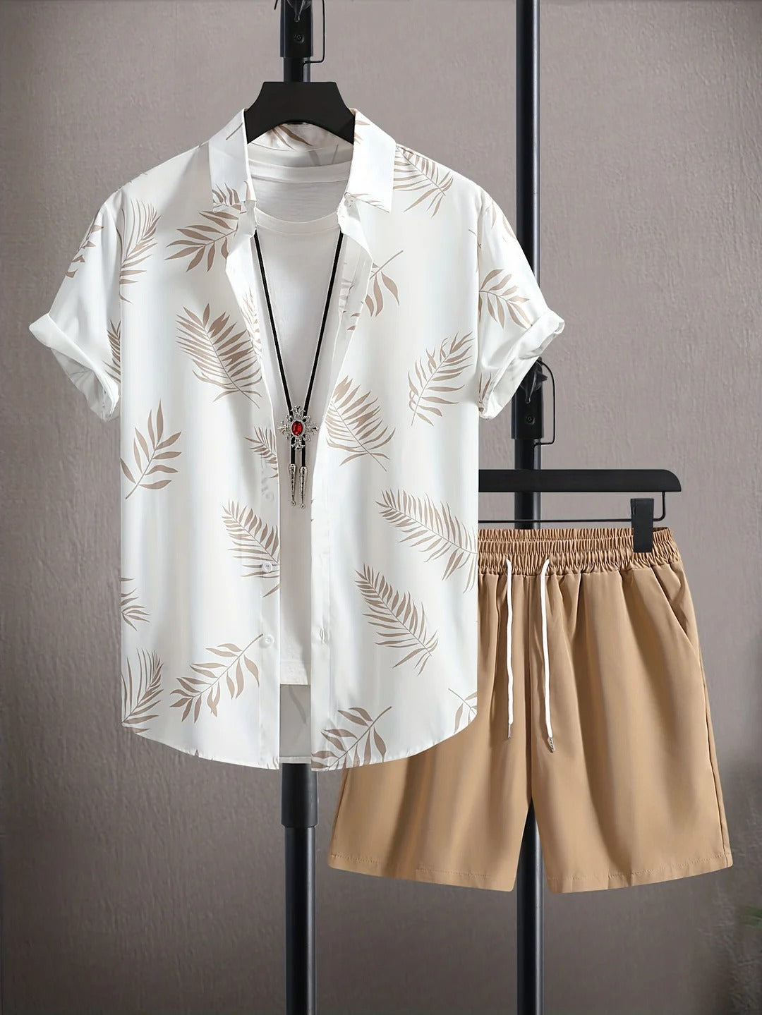Chemise Homme Été Floral et Short de Lin Beige