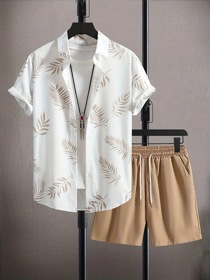 Chemise Homme Été Floral et Short de Lin Beige