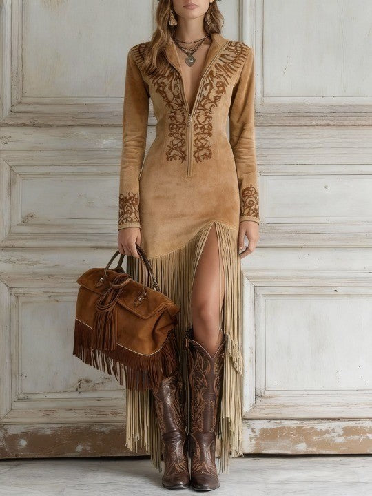 Robe Maxi Été en Suede avec Frange pour Femme