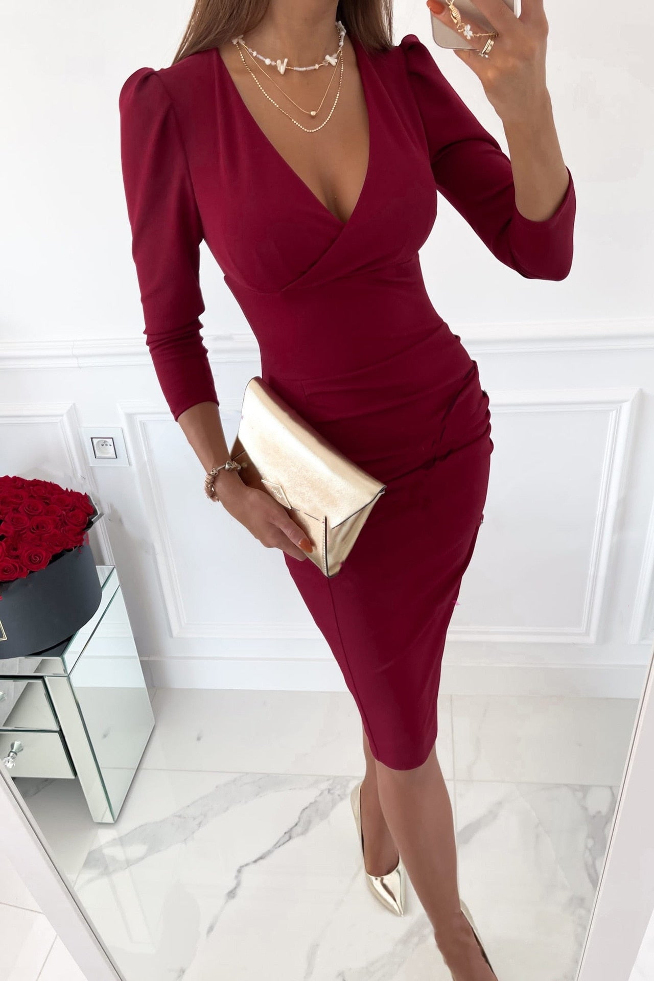 Robe Femme Moulante Col V Évasée Midi