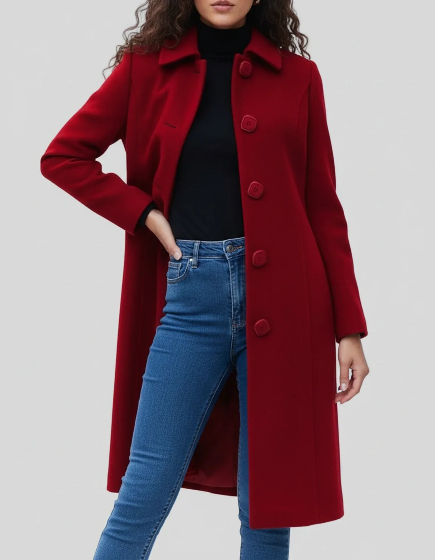 Manteau Femme Hiver Long Noir avec Boutons