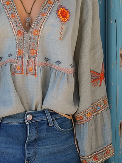 Blouse femme décolletée V avec dentelle brodée