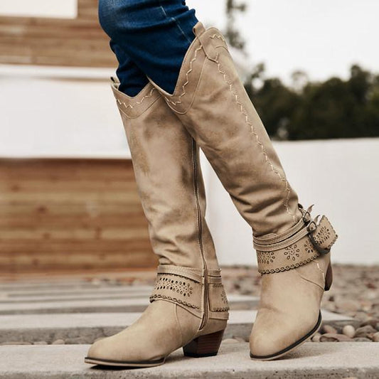 Bottes Femme à Talons Plats avec Boucle Décorative - PanierRoyale