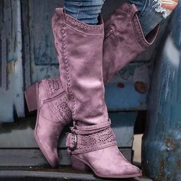 Bottes Femme à Talons Plats avec Boucle Décorative