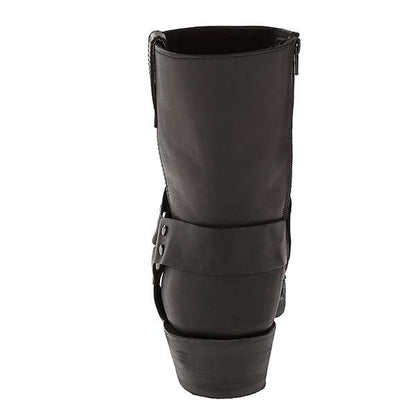 Bottes en cuir femme mi-mollet style biker avec détails boucles
