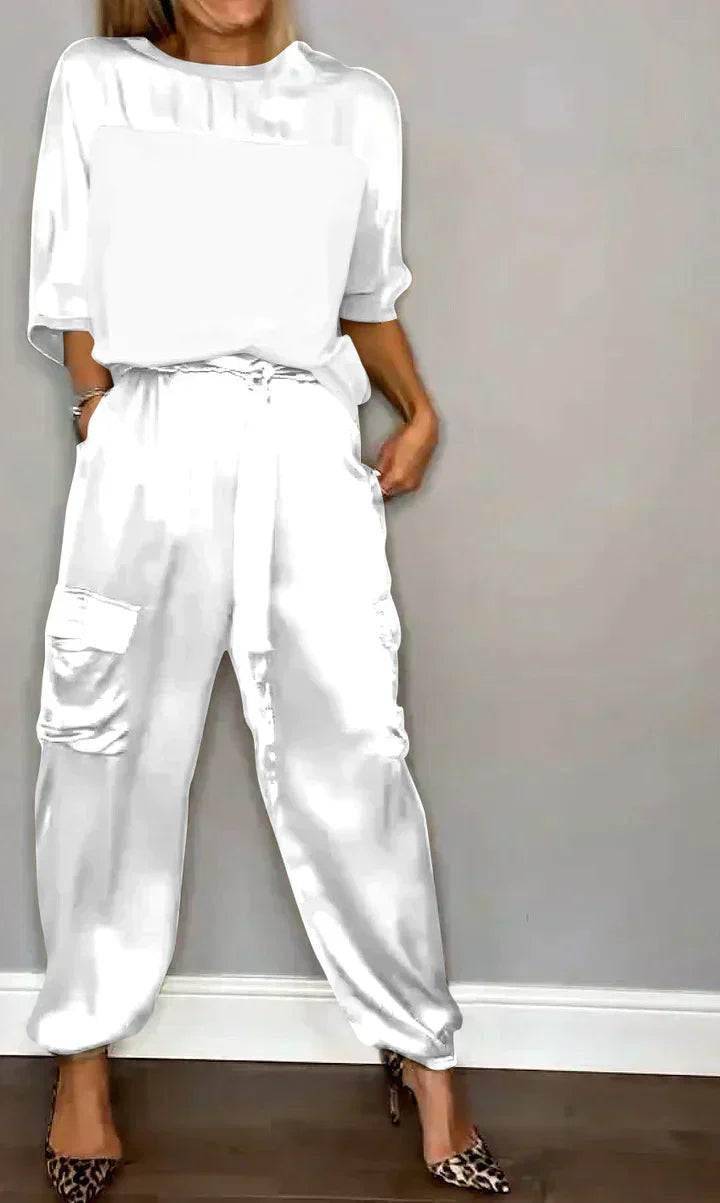Costume Femme Chic Beige Pantalon et Haut Décolleté
