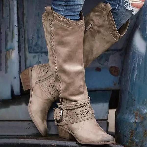 Bottes Femme à Talons Plats avec Boucle Décorative