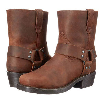 Bottes en cuir femme mi-mollet style biker avec détails boucles