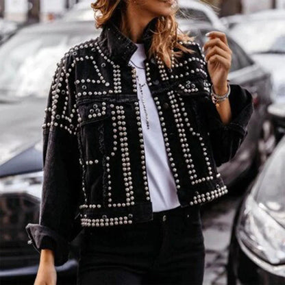 Manteau en Cuir avec Décor Métallique Chic