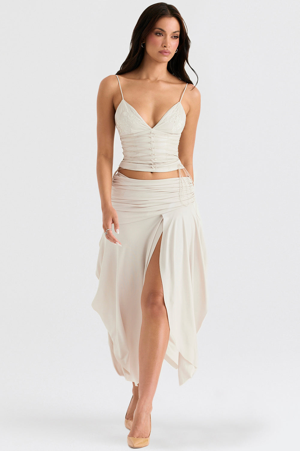Corset en cuir végétal blanc pour femme avec jupe mi-longue