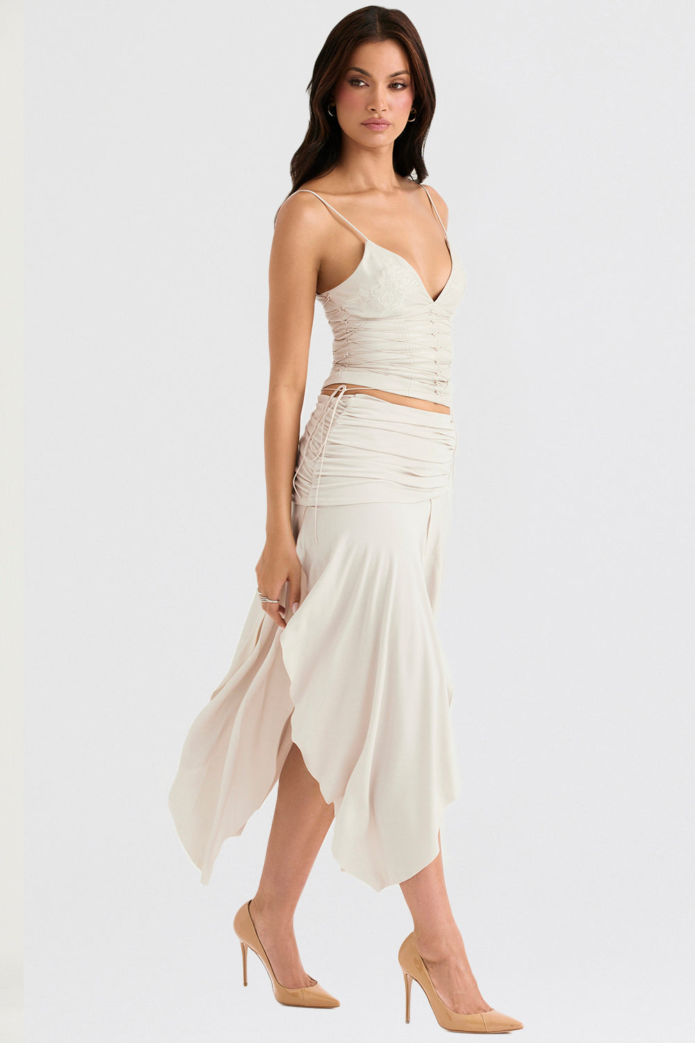 Corset en cuir végétal blanc pour femme avec jupe mi-longue