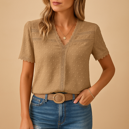 Chemisier Femme Col V Dentelle Manches Longues Chic