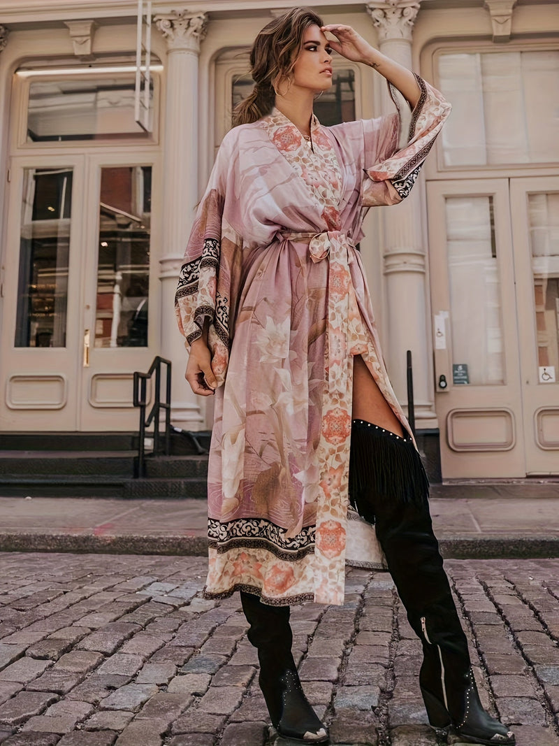 Robe Kimono Élégante à Manches Longues et Ceinture Adjustabe