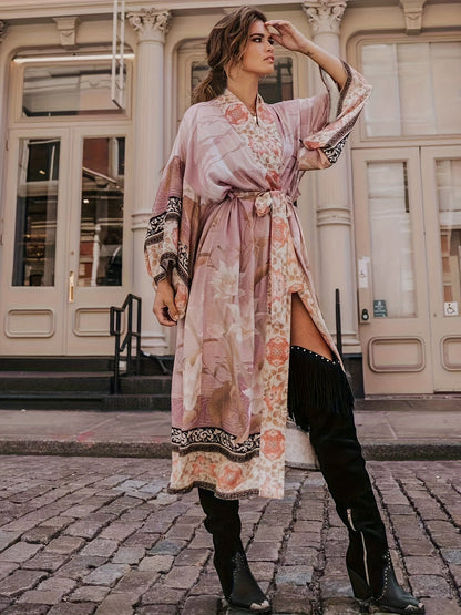 Robe Kimono Élégante à Manches Longues et Ceinture Adjustabe