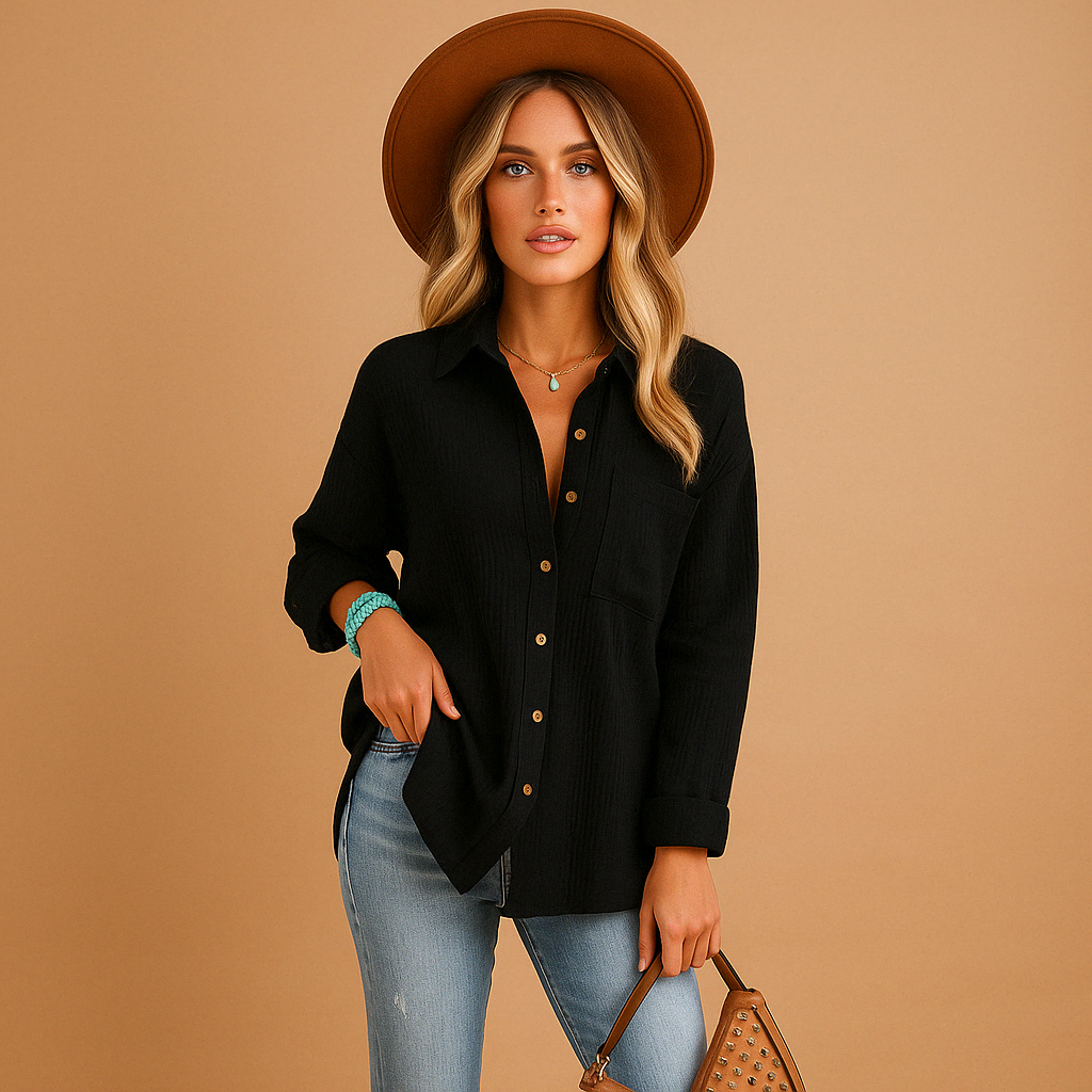 Chemise Casual Col V Poche Coton