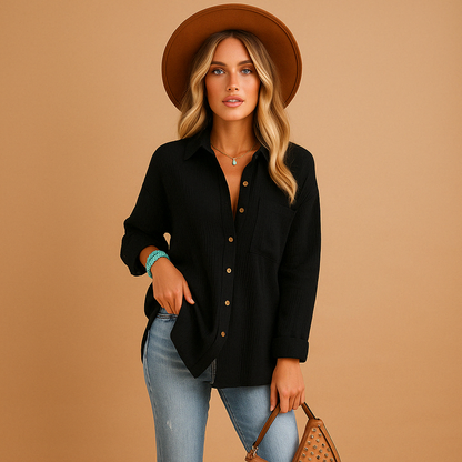 Chemise Casual Col V Poche Coton