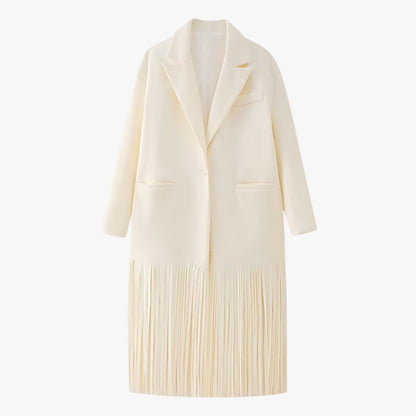 Manteau Élégant Blanc Crème avec Franges Raffinées - BerlinGlamour