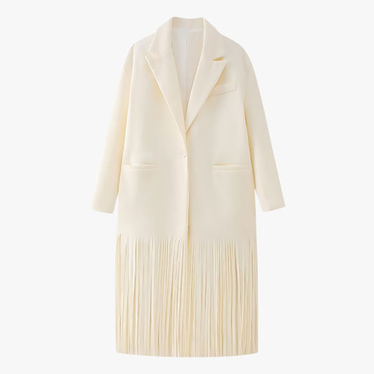 Manteau Élégant Blanc Crème avec Franges Raffinées - BerlinGlamour