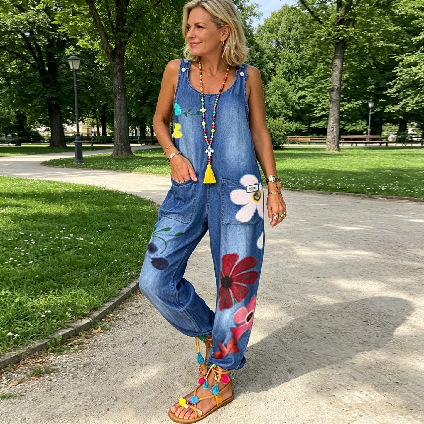 Salopette Femme Denim Imprimé Floral Coupe Ample